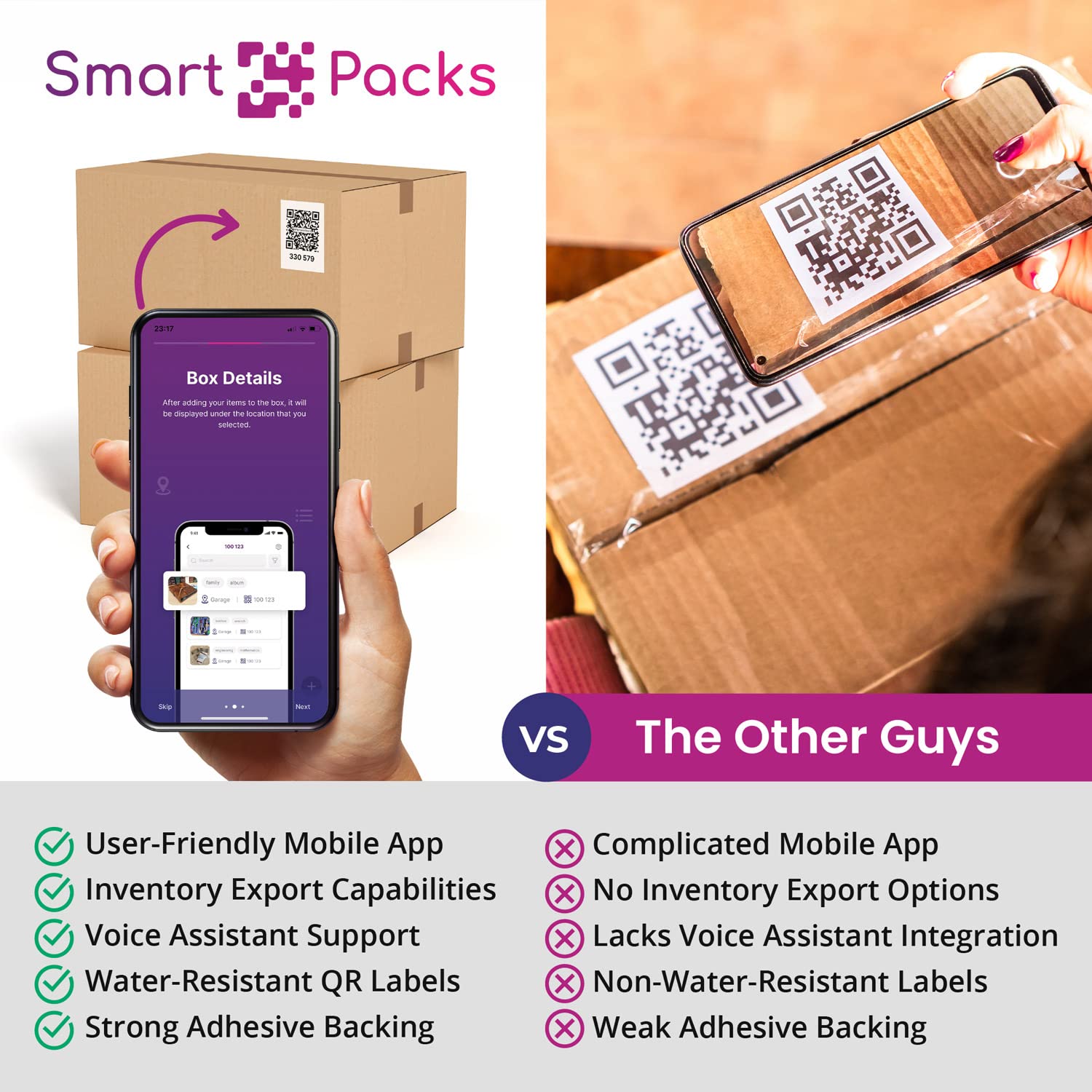 SmartPacks QR Code Stickers | 48 Premium Smart Labels with App | Advanced Pack and Track Labels with QR Code for Inventory, Storage, Moving