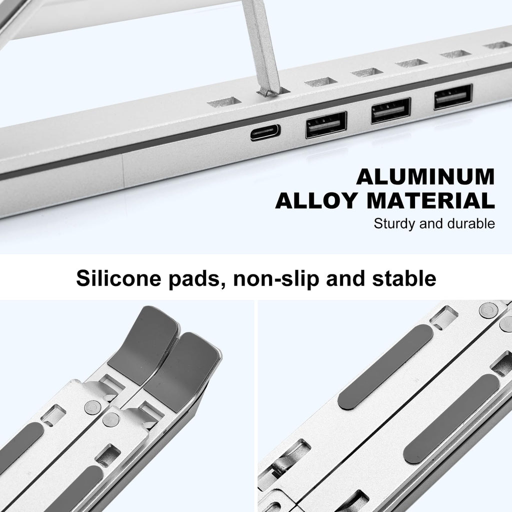 Laptop Stand with USB、Type C and RGB Lights, Aluminum Adjustable Foldable Laptop Stand for Desk, Ergonomic Portable Laptop Riser Holder Compatible with Laptops and iPad 10-15.6", Silver