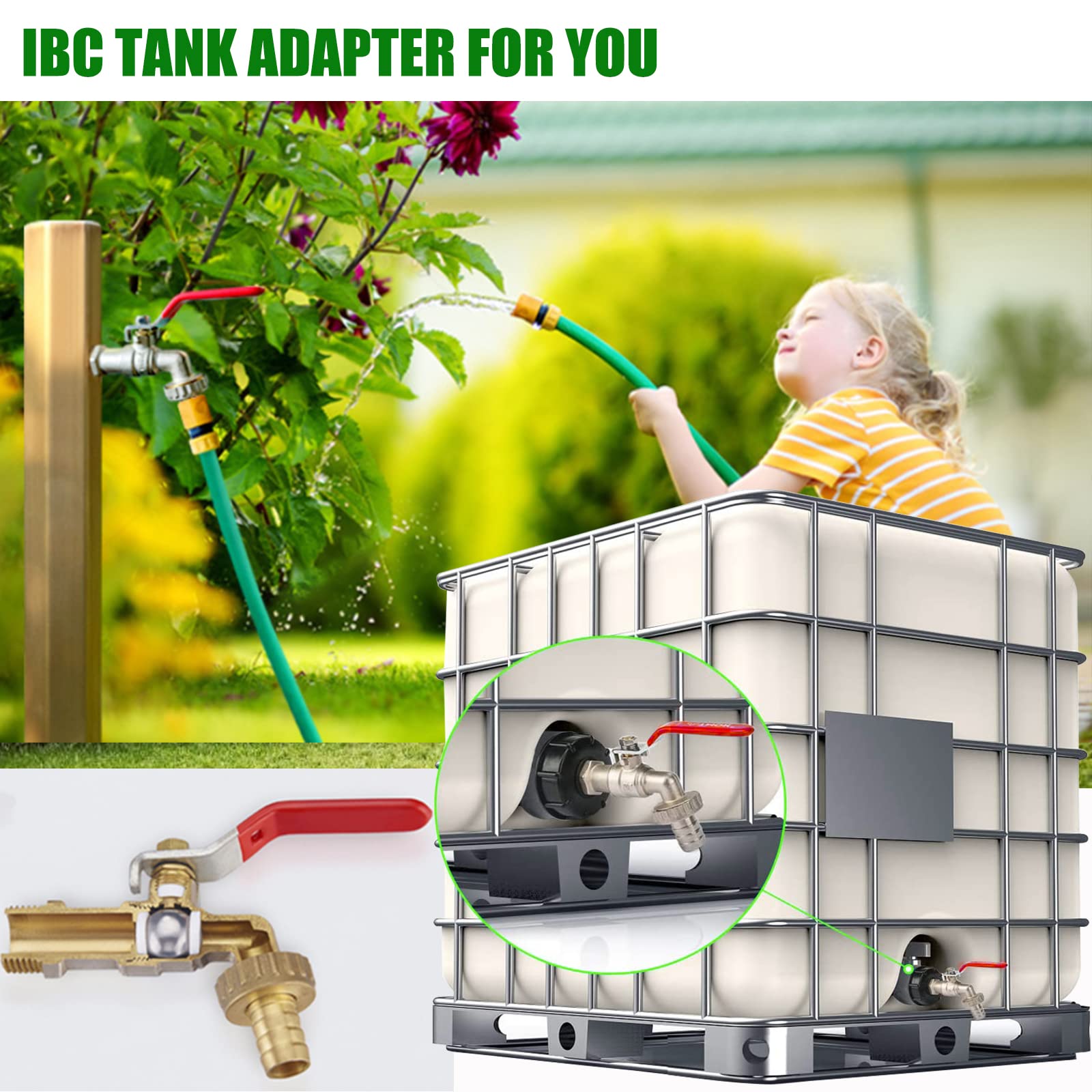1/2" Leakproof Brass IBC Tote Fittings - Winterizing IBC Tote Adapter IBC 2" Coarse Thread Tote Valve for 275-330 Gallon Water Tank Garden Hose Connector Replace Valve Fitting