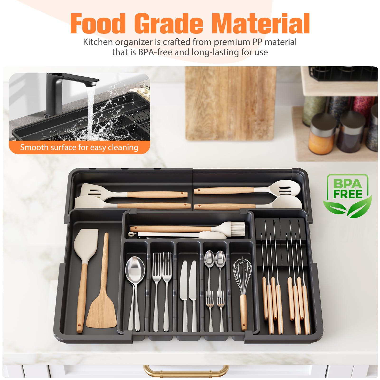 Ceecysaa Cutlery Organizer with 2 Removable Knife Blocks, Expandable Utensil Tray,Adjustable Cutlery Tray Drawer Organizer for Spoons, Knives, Kitchen Organizers and Storage,ABS,Black(6-9 Slots)