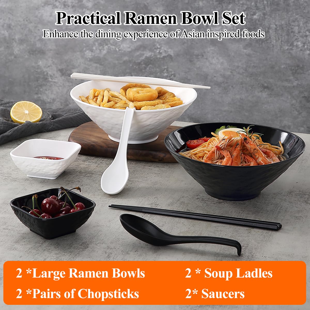 Kyraton Ramen Bowl Set 1200ml with Chopsticks Dipping Bowls and Spoons: 2 Large Unbreakable Japanese Style Plastic Noodle Soup Bowls for Asian Pho Soup Thai Miso Udon Wonton (Black, White)