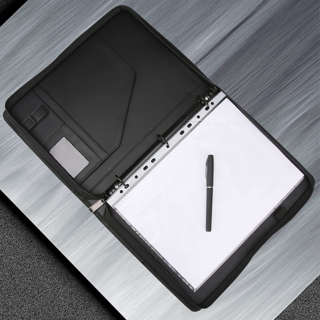 Laelr Zippered Portfolio 3 Ring Binder with 8 Pockes, Leather Business Padfolio with Zipper, A4 Document Binder Organizer for School Office