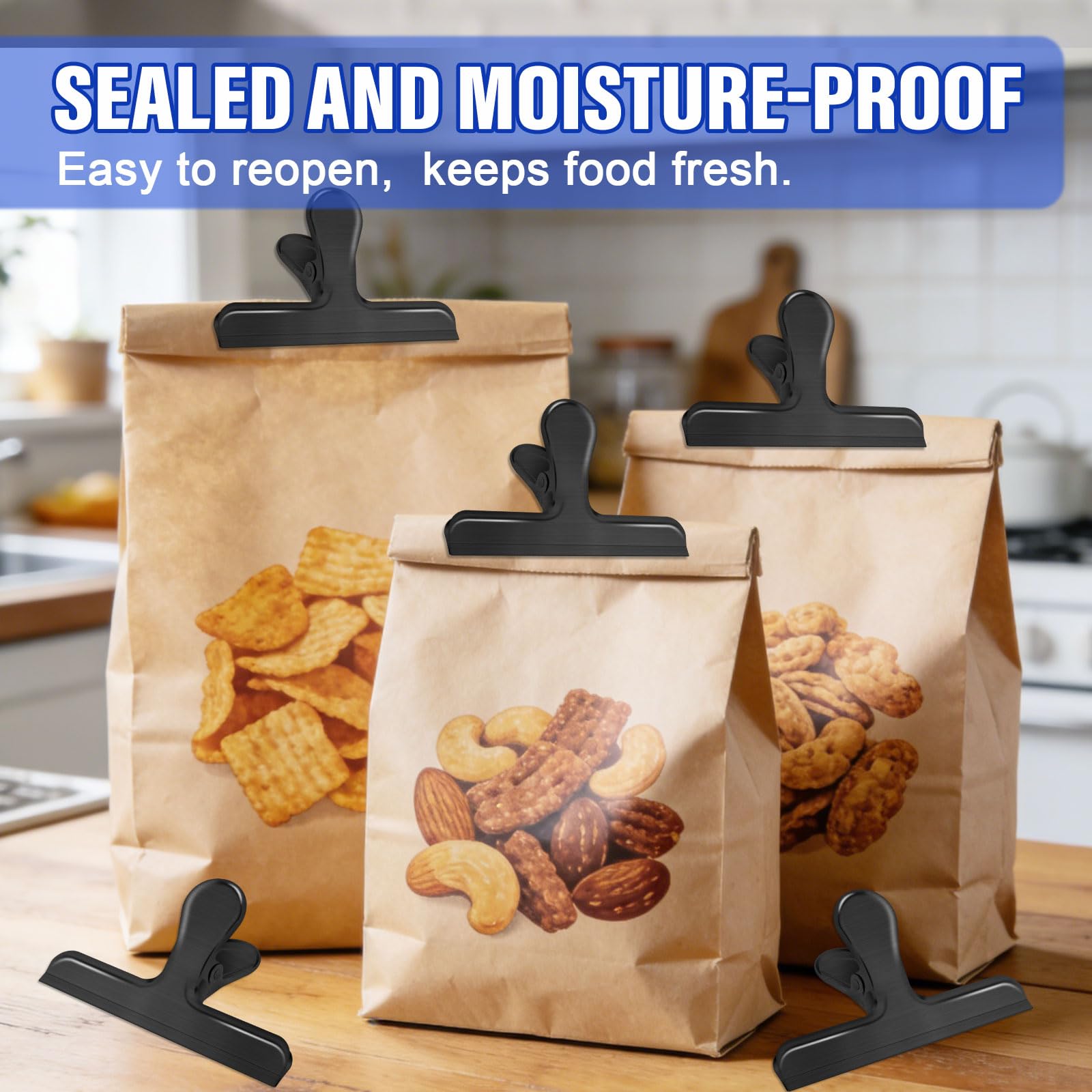22 Pack Bag Clips, Clips for Chips and Other Food Bags,Stainless Steel Chip Bag Clips Heavy Duty,Metal Bag Clips for Food Storage,Food Clamp Clip for Bread Snack,Kitchen Clip for Office Home,Black