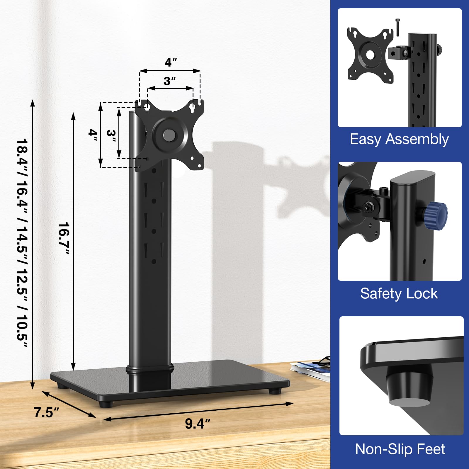Rfiver Single Monitor Stand for Desk with Swivel/ 5 Height Adjustable, Computer Monitor Riser for 13-32 inch Screens, Hold up to 22 lbs, Max VESA 100 x 100mm for Home Office & Gaming Setup