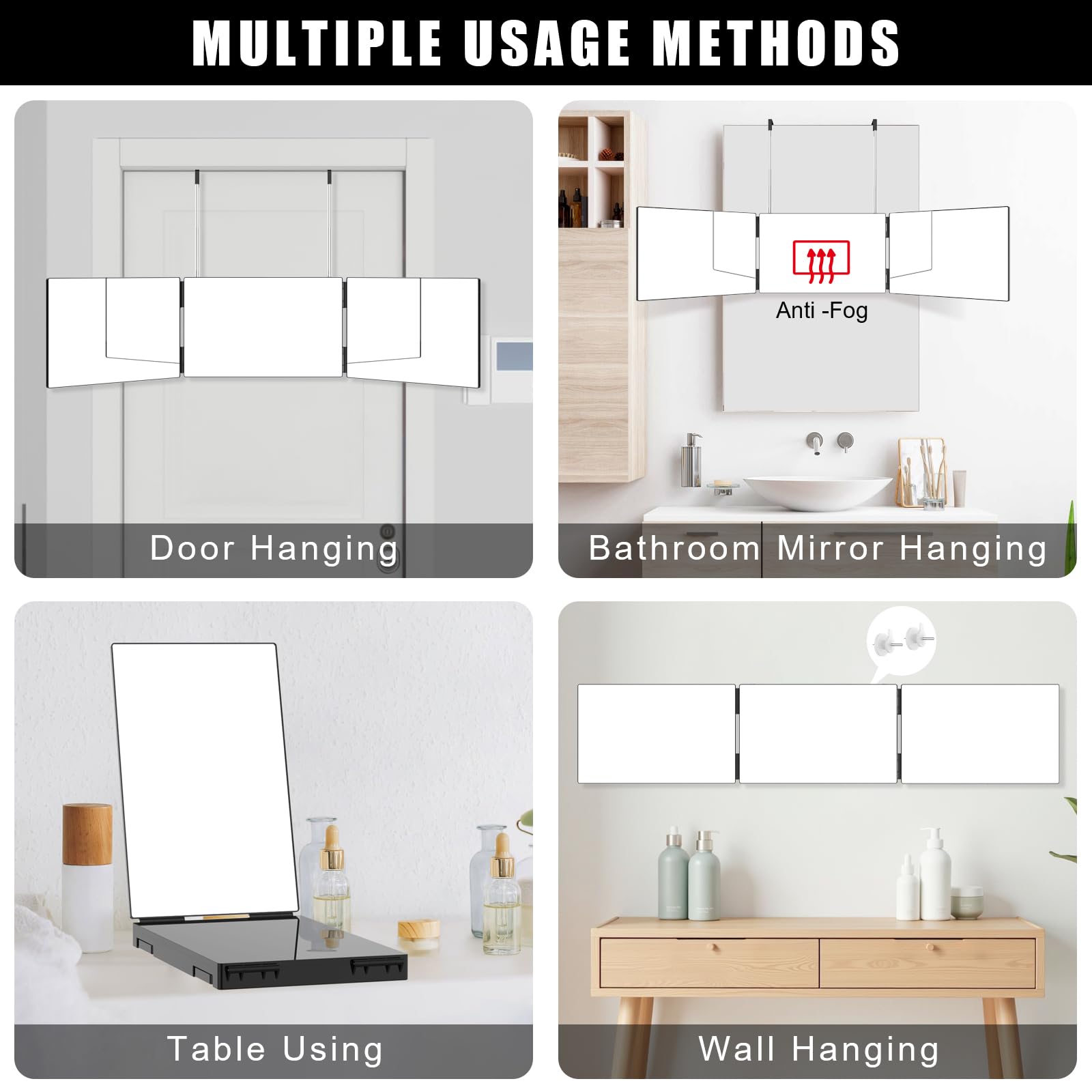 OLIBUY 3 Way Mirror for Hair Cutting, Tri-fold Mirror for Shaving, Haircutting, Braiding, Hair Styling and Makeup with Height Adjustable Hooks, Ideal Gift for Men or Women