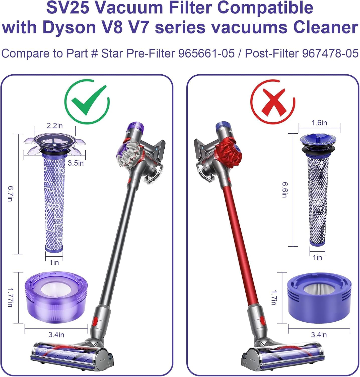 3 Pack V8 Filter for Dyson, Replacement Accessories for V8 Absolute Animal, SV10, SV11, SV25, SV37, 3 Post Motor HEPA Filters, 3 Star Pre Filter and 1 Cleaning Brush
