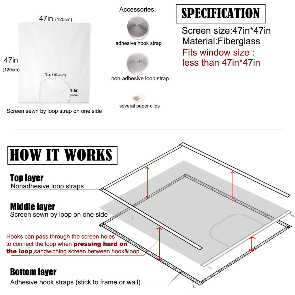 Mellroom Adjustable Window Screen, White 47" X 47" (120cm X 120cm) with Zipper Opening, Easy to Open Your Window,Replacement,
