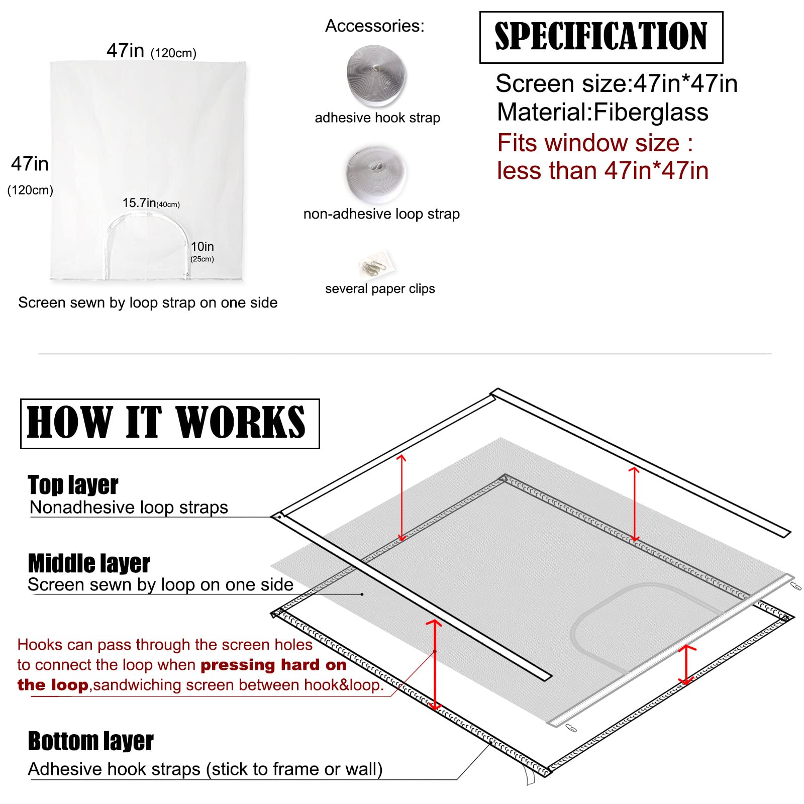 Mellroom Adjustable Window Screen, White 47" X 47" (120cm X 120cm) with Zipper Opening, Easy to Open Your Window,Replacement,