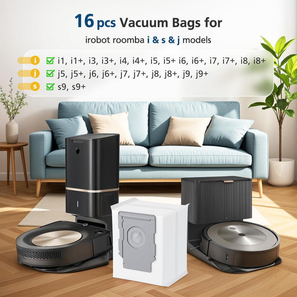 16 Pack Vacuum Bags for irobot Roomba bags i &s& j Series, Replacement for irobot Roomba i7 i7+(7550), i3+EVO(3550) i1+ i4+ i5+ i6+ i8+ s9(9150) s9 Plus(9550) j5+ j7+ j8+ j9+ Dirt Disposal Bags