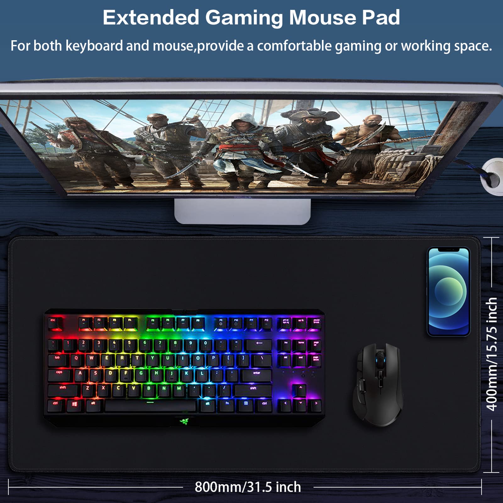 Canjoy Mouse Pad 31.5x15.7inch, 3mm Thickness Gaming Mousepad XXL Large Big Computer Keyboard Mouse Mat Desk Pad with Non-Slip Rubber Base and Stitched Edge