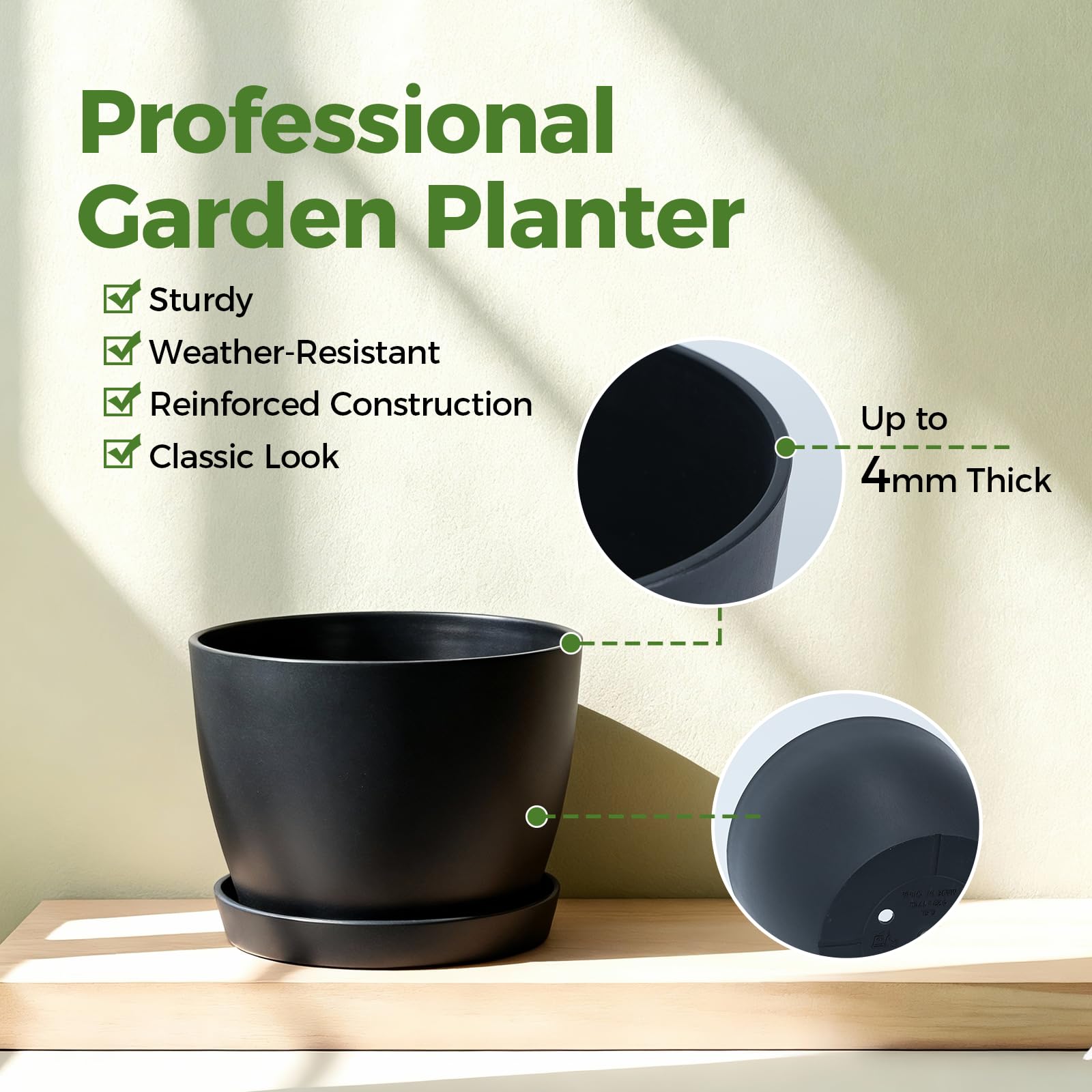 Bamworld 9 Inch Round Plastic Planter Pot with Drainage Holes, Modern Indoor Outdoor Planters for Succulents Flowers Small Plants, Garden Decor (Black)