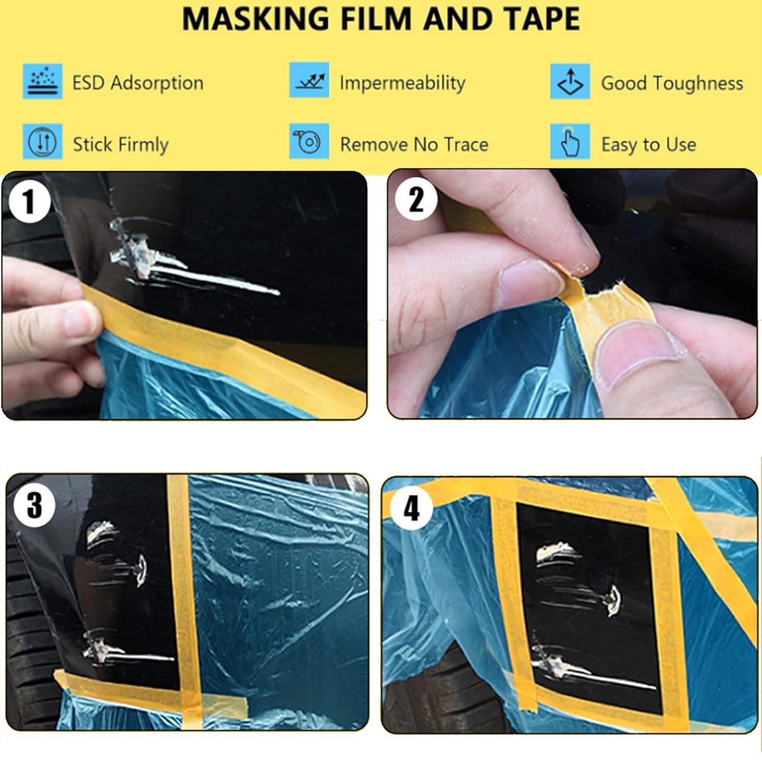 Pre-Taped Masking Film for Painting - 60" x 66' Painters Plastic Sheeting with Automotive Paint Tape and Drape for Covering Cars, Walls, Windows and Furniture Protection (3 Rolls)