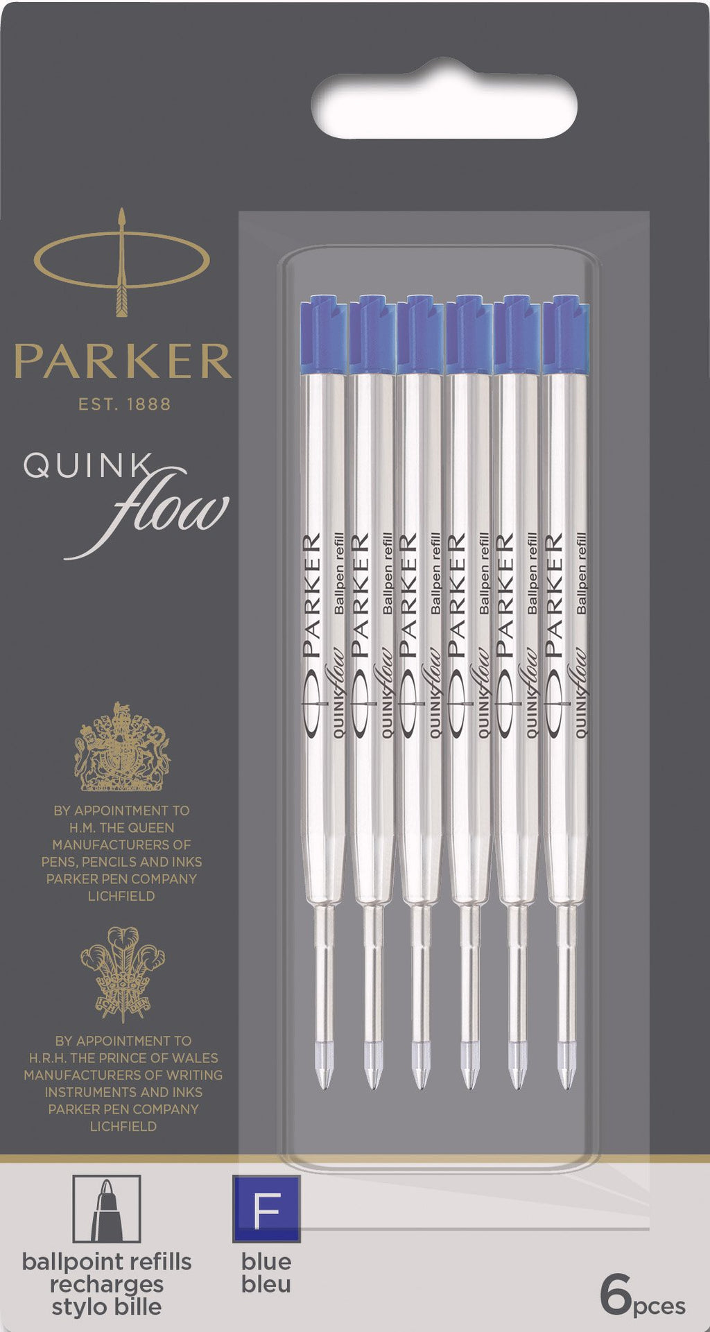 Parker QUINKflow Ballpoint Pen Ink Refills, Fine Tip, Blue, 6 Count Value Pack (2025157)