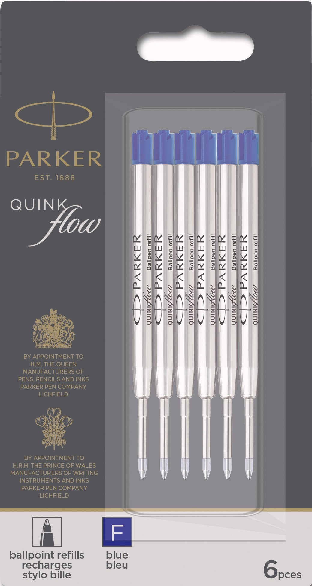 Parker QUINKflow Ballpoint Pen Ink Refills, Fine Tip, Blue, 6 Count Value Pack (2025157)