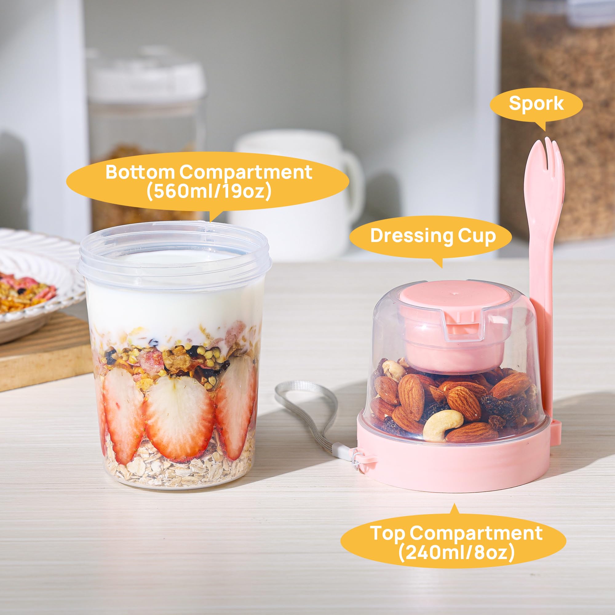 Vtopmart 4 Pack 27oz Yogurt Parfait Contianer with Spoon and Sauce Cup, Overnight Oats Containers, Reusable Crunch Cup, Food Container for Breakfast with Yogurt, Cereal, Salad or Snack