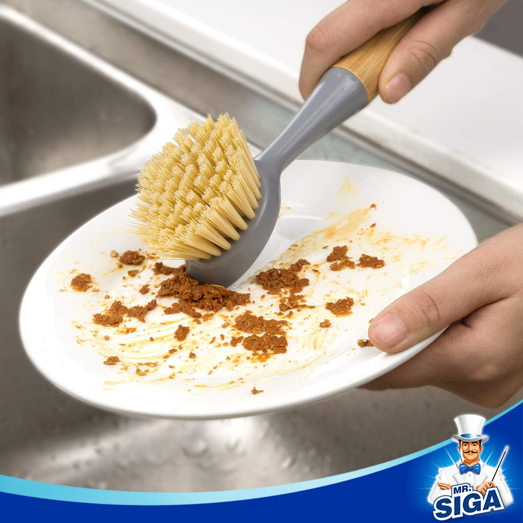 MR.SIGA Dish Brush with Bamboo Handle Built-in Scraper, Scrubbing Brush for Pans, Pots, Kitchen Sink Cleaning, Pack of 2