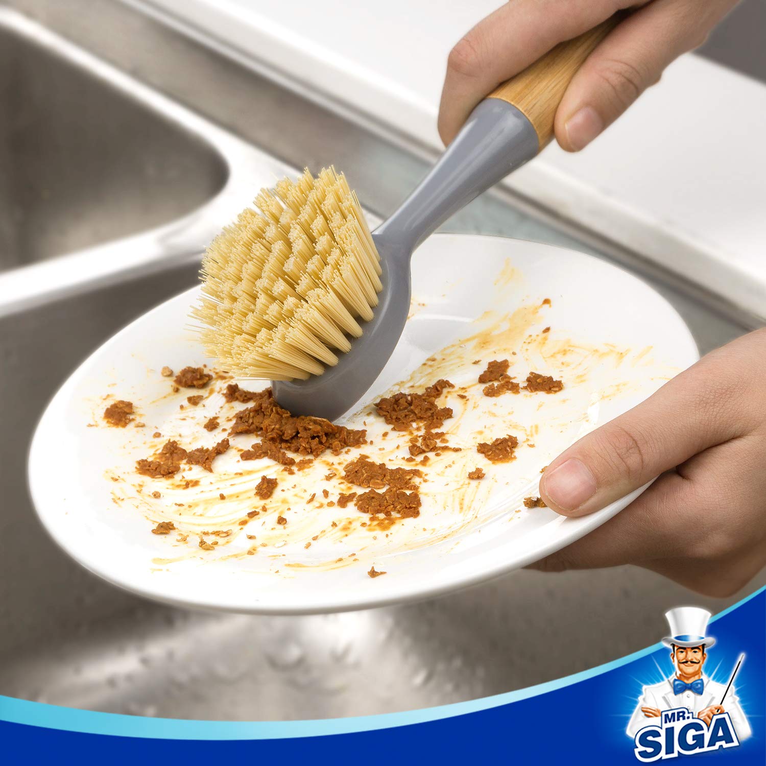 MR.SIGA Dish Brush with Bamboo Handle Built-in Scraper, Scrubbing Brush for Pans, Pots, Kitchen Sink Cleaning, Pack of 2