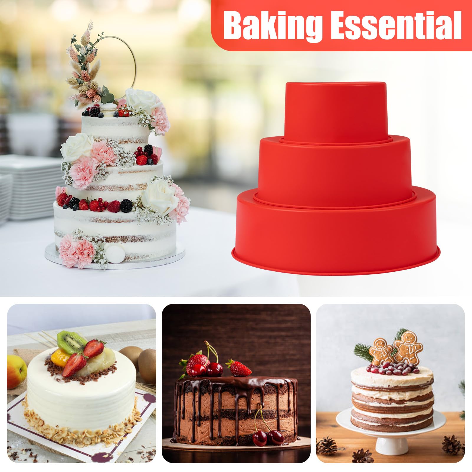 Cake Pan Set(4"/6"/8") - 3 Piece Set Premium Silicone Molds for Baking,Non-Stick Round Cake Pan Bundles for Cheesecake,Cupcakes & Holiday Treats,Silicone Baking Tray,Dishwasher Friendly & Reusable