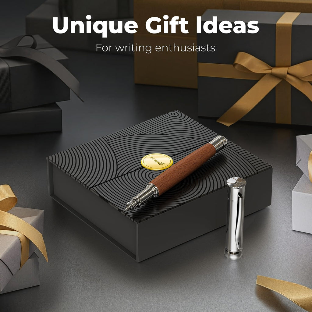 WEMATE Wood Fountain Pen with Ergonomic Grip, Fine Nib, 20 Ink Cartridges(10 Black&10 Blue), 1 Ink Converter, Smooth Writing&No Skips, Office Gift for Men, Professional