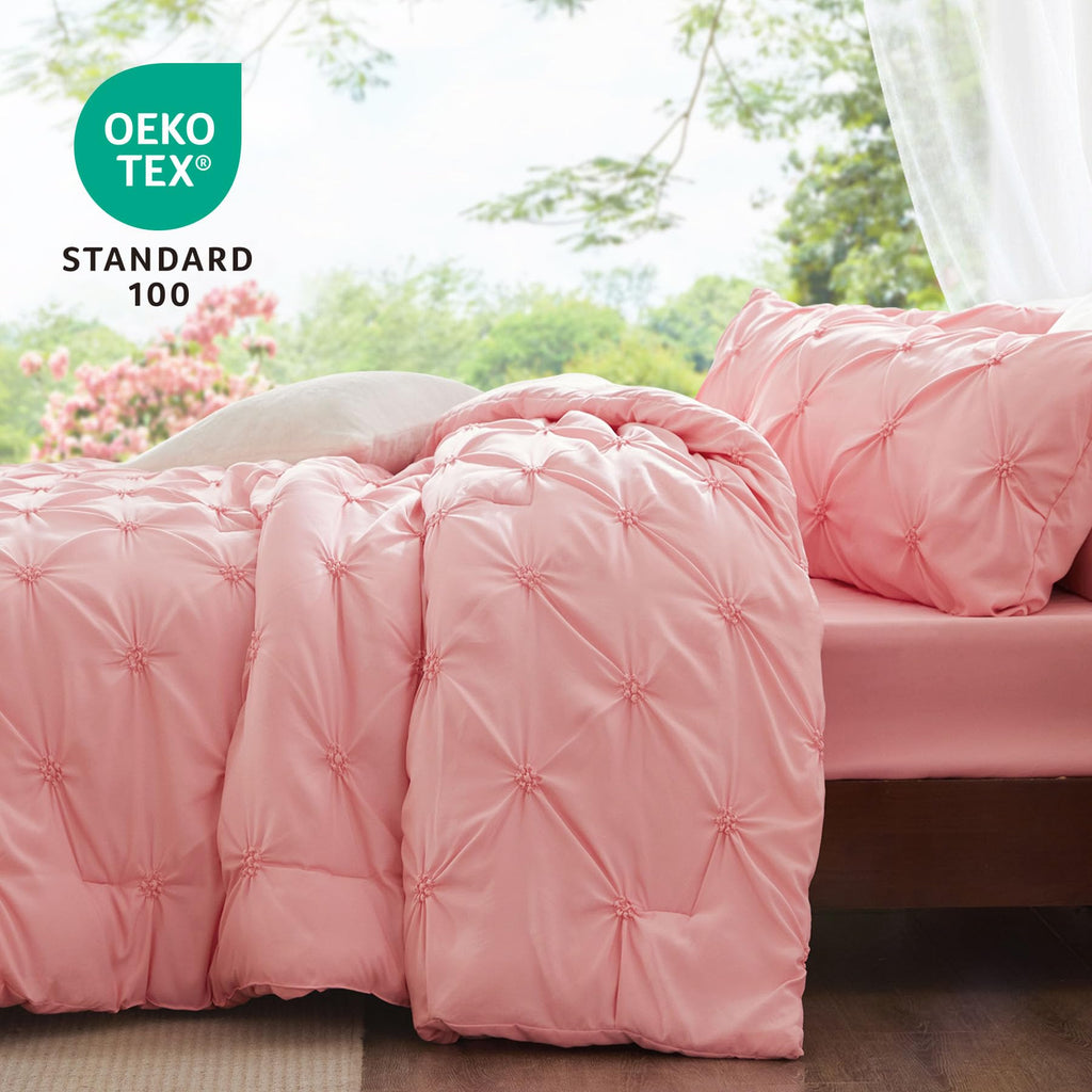 BEDELITE Queen Comforter Set Pink - 3 Pieces Boho Pintuck Bedding Sets, Queen Size Bed Set with 2 Pillow Shams for All Seasons, Room Decor Valentine's Gift,Lightweight Soft and Warm