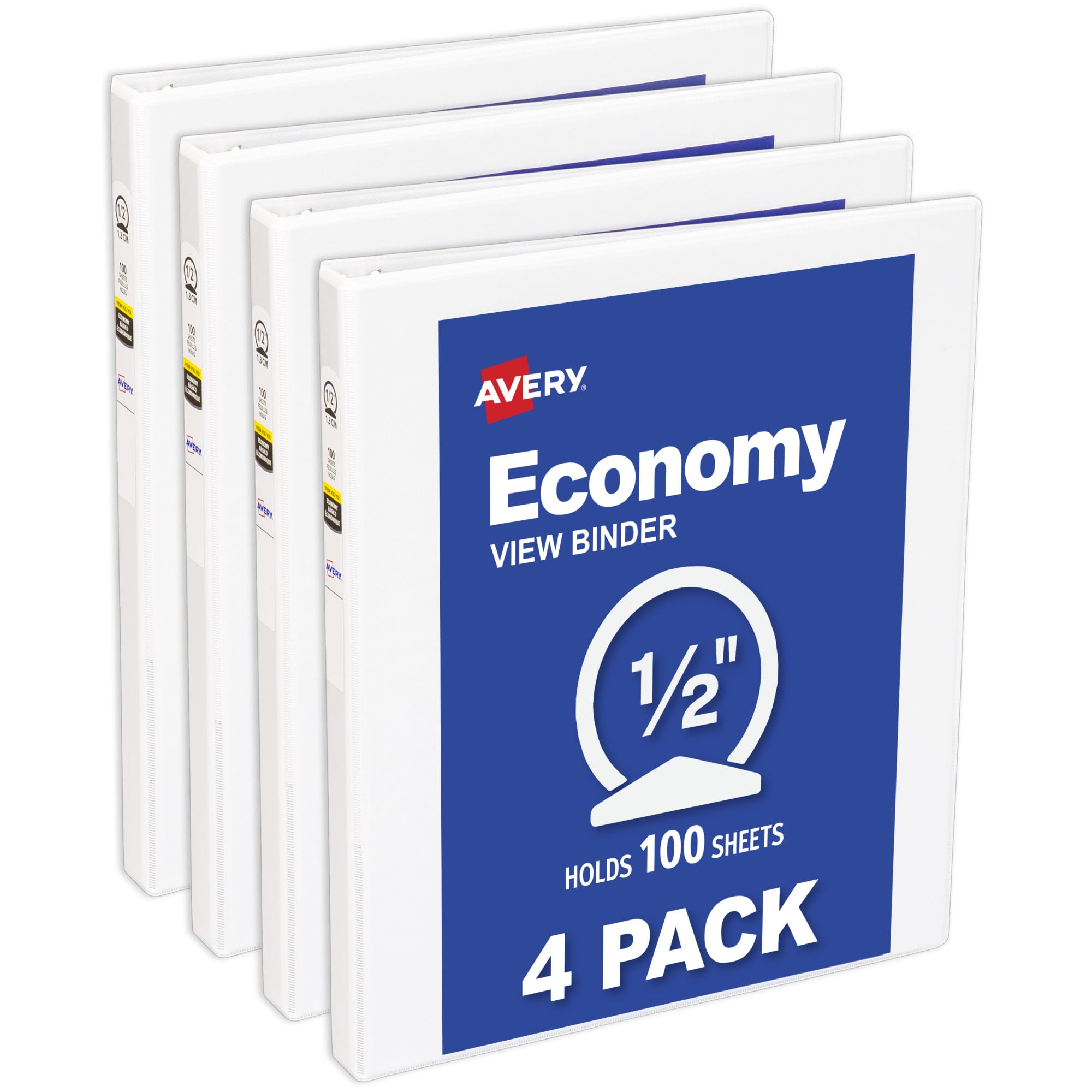 Avery Economy View 3 Ring Binders, 0.5" Round Rings, 100 Sheet Capacity, 0.7" Wide Spine, White Binders, Ideal for Lightweight Organization and Occasional Referencing (4-Pack of 05750)