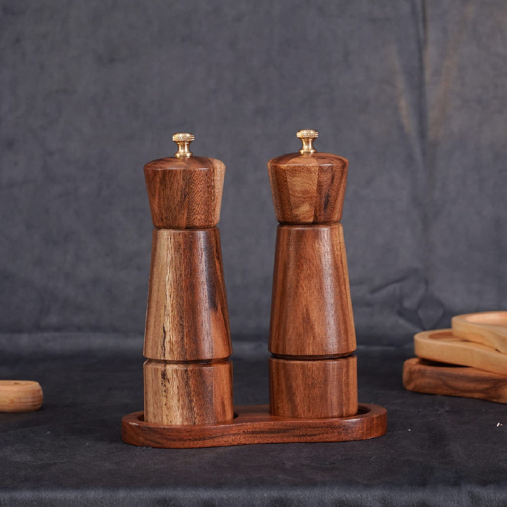 DeroTeno Salt and Pepper Mill Set, Adjustable Ceramic Grinder Salt Mill, Stainless Steel Grinder Pepper Mill, Acacia Wood, 16.5 cm / 6 inch Height, Bottom Dia 5 cm (Tray is NOT Included)