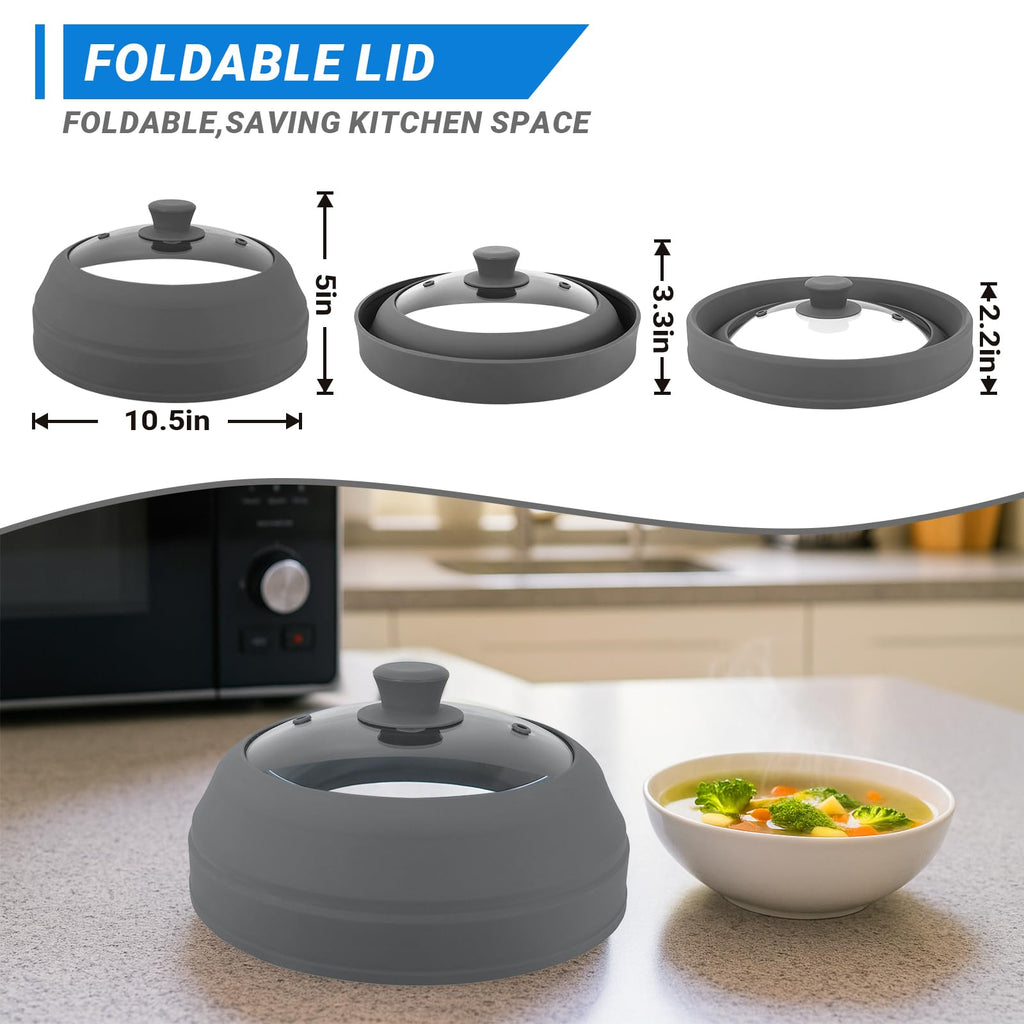 Glass Microwave Cover for Food, 10.5 inch Collapsible Microwave Cover, Glass Microwave Splatter Cover, BPA Free and Non-Toxic,Collapsible Silicone Microwave Food Covers Splatter Guard, Dishwasher Safe