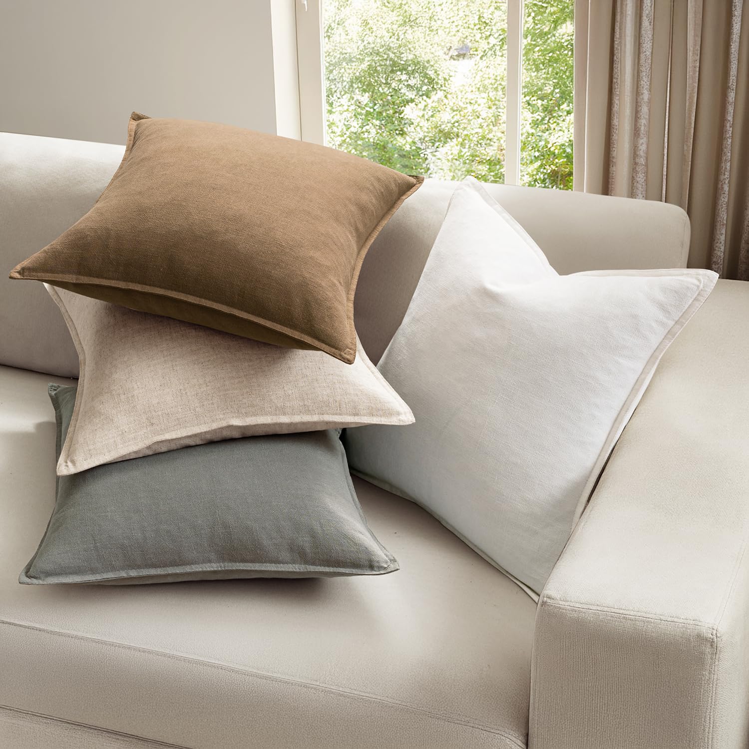 MIULEE Neutral Linen Pillow Covers Pack of 4 Decorative Natural Solid Throw Pillow Covers Soft Accent Boho Farmhouse Couch Pillowcases Modern Home Decors for Living Room Bed Sofa 18x18 Inch