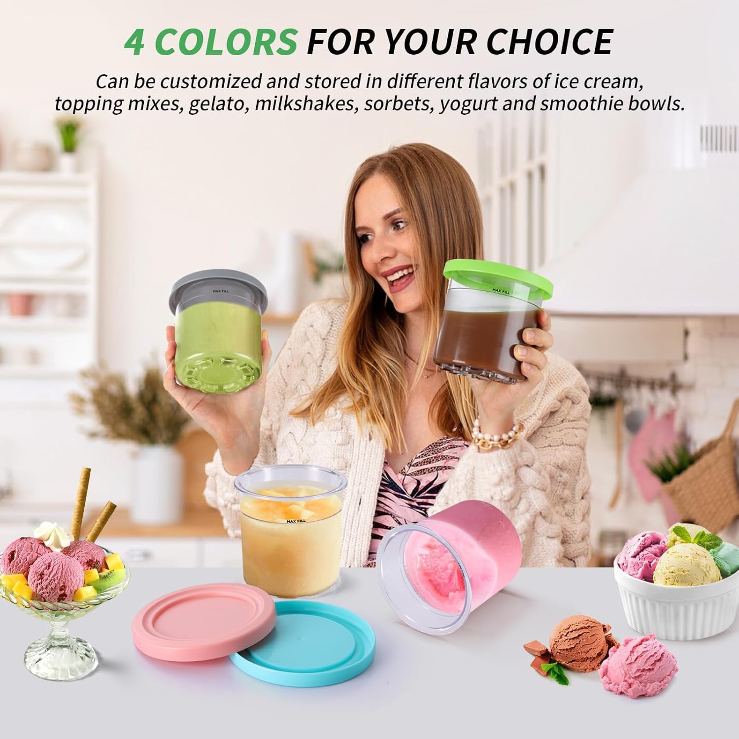 4 Pack Ice Cream Pints and Lids Compatible with Ninja NC300 NC301 NC299AMZ Series Creami Ice Cream Makers,BPA-Free,Dishwasher Safe,Color Lids,Ninja Creami Containers