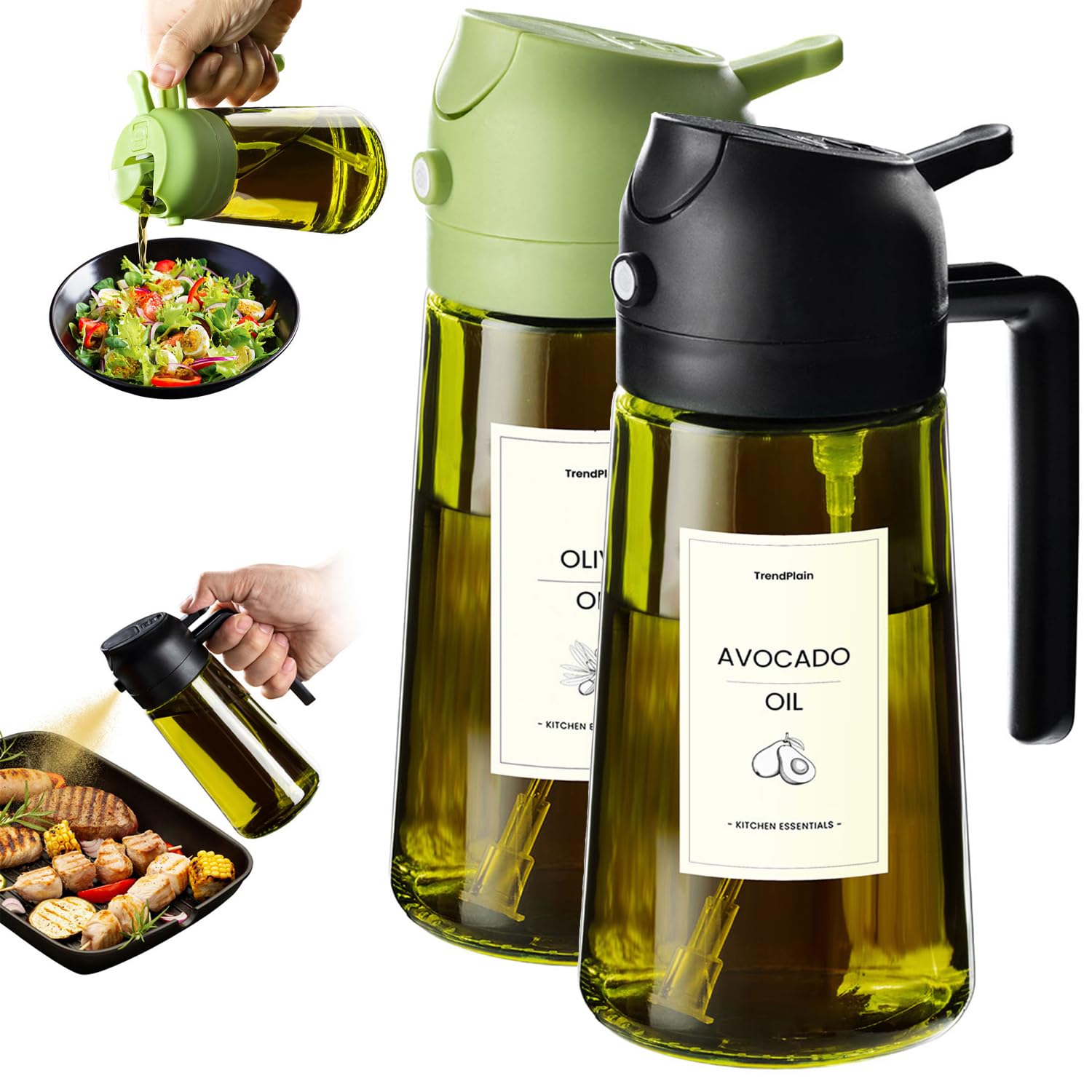 TrendPlain 470ml Olive Oil Dispenser Bottle for Kitchen Gadgets - 2 in 1 Dispenser and Sprayer - Olive Oil Spray Bottle w/Stickers (Light Blockage) - BPA Free - Black&Green