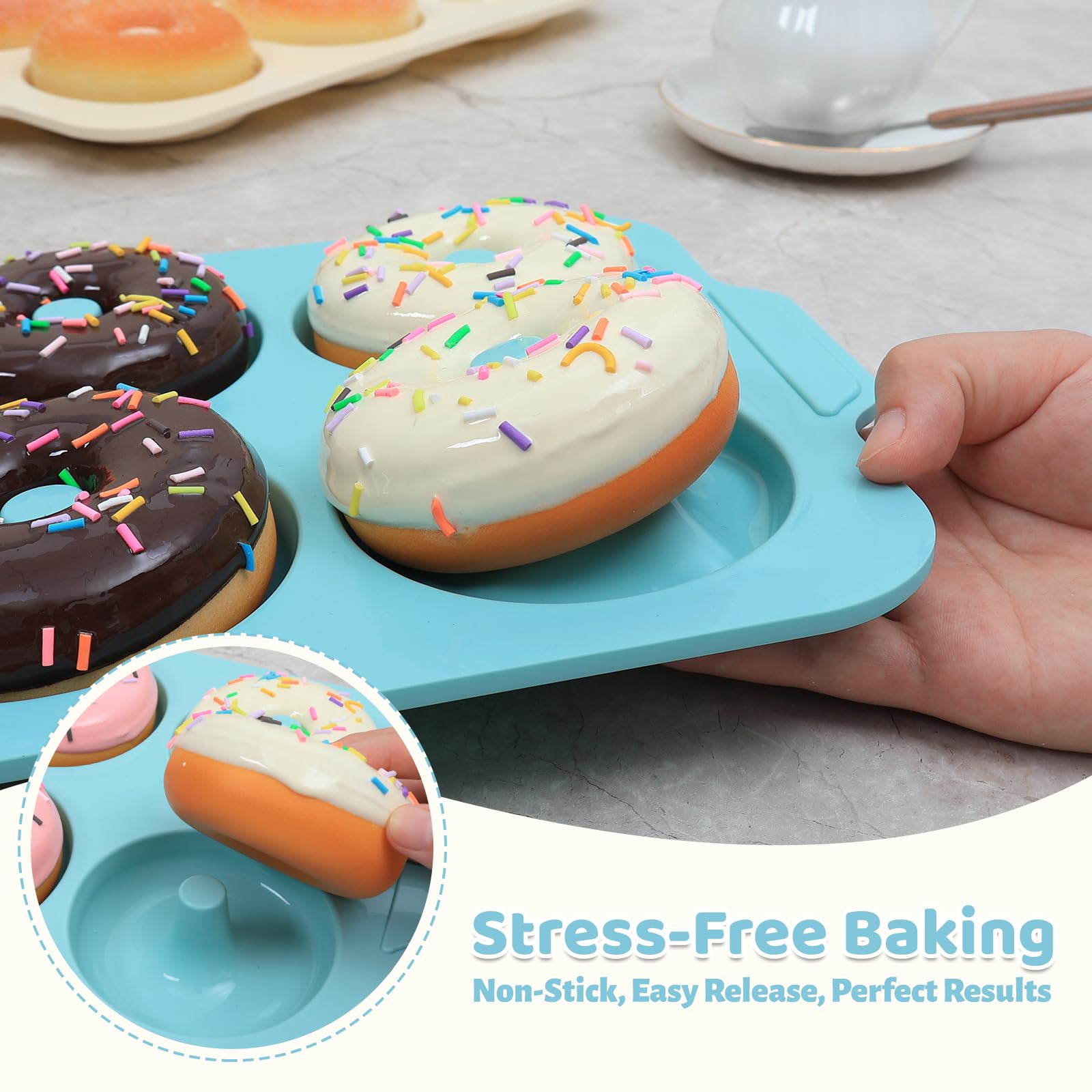 Toeusog Nonstick Silicone Donut Pan: 3.5 Inch Large Donut Mold with Metal Frame - Bagel Doughnut Pan for Baking Gluten Free Glazed Vegan - for Oven Housewife Home Baker Baking Lovers (Green & Beige)