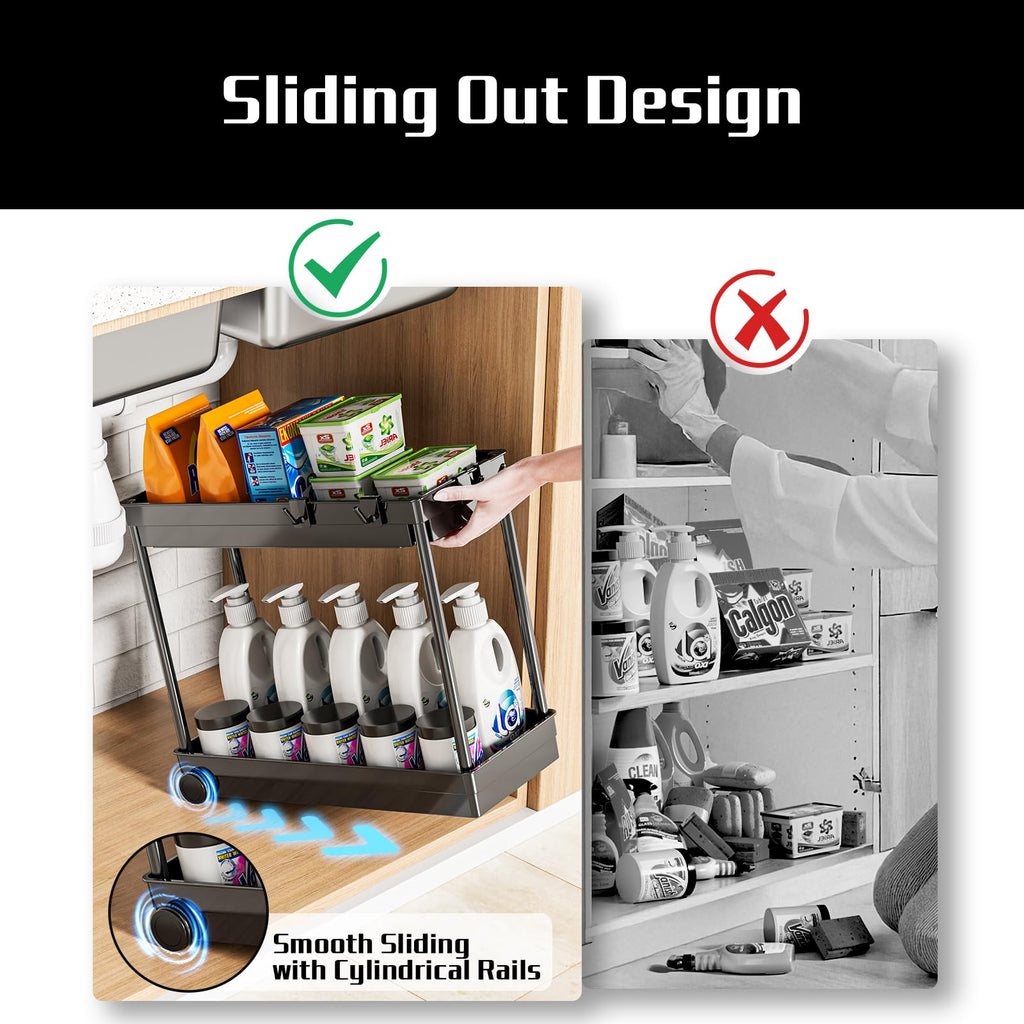 Cicilyna 2 Pack Under Sink Organizer, 2 Tier Bathroom Cabinet Organizers and Storage with Hook, Multi-purpose Storage Basket Shelf for Kitchen, Black
