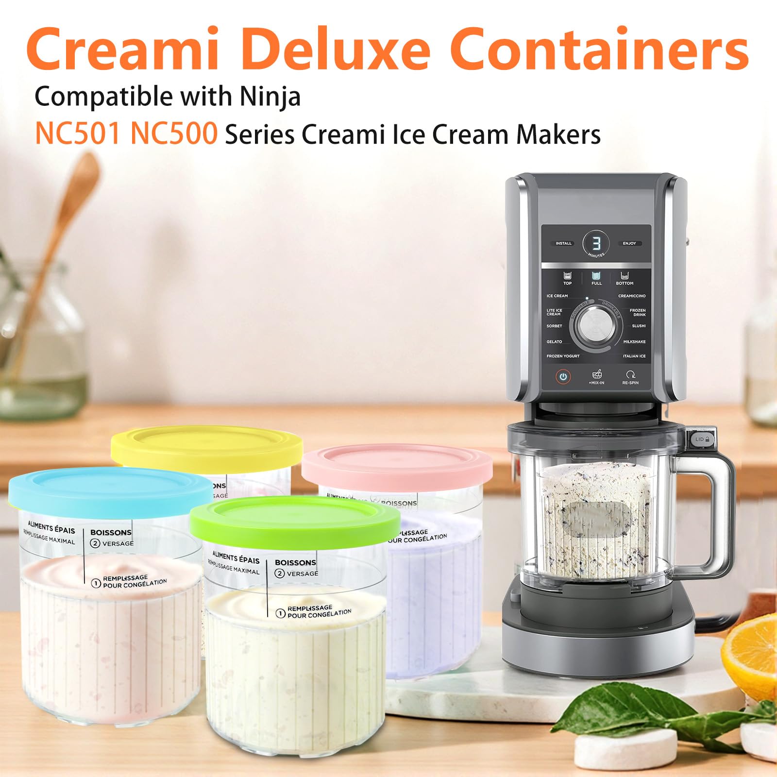 4 Pack Creami Containers Compatible with Ninja NC500 and NC501 Series Ice Cream Makers, Reusable Ice Cream Pints and Lids Replacement Parts Fit for Ninja Creamy