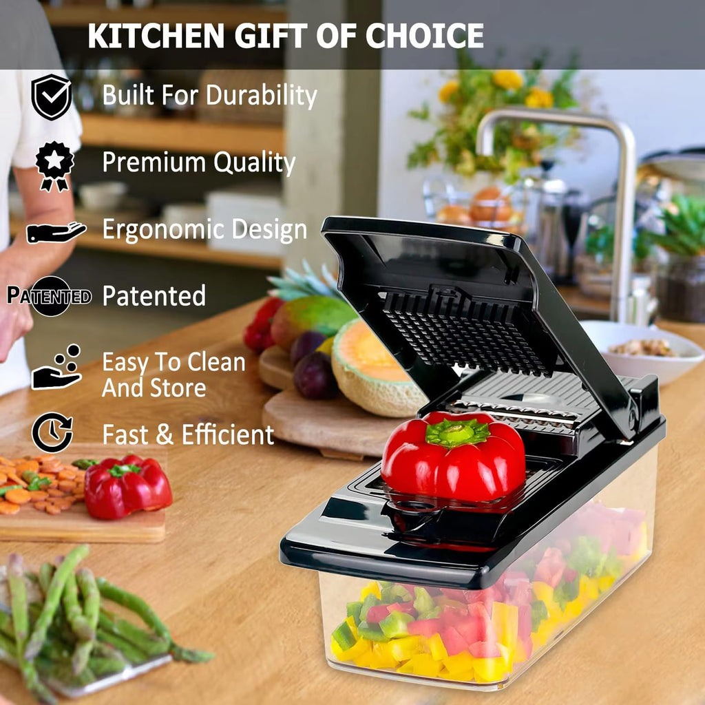 Vegetable Chopper Cutter Mandoline Slicer Cheese Grater - Food Onion Salad Veggie Chopper with Container, French Fry Potato Dicer Slicer and Cutter - Kitchen Tools Gadgets (8-in-1 Black)