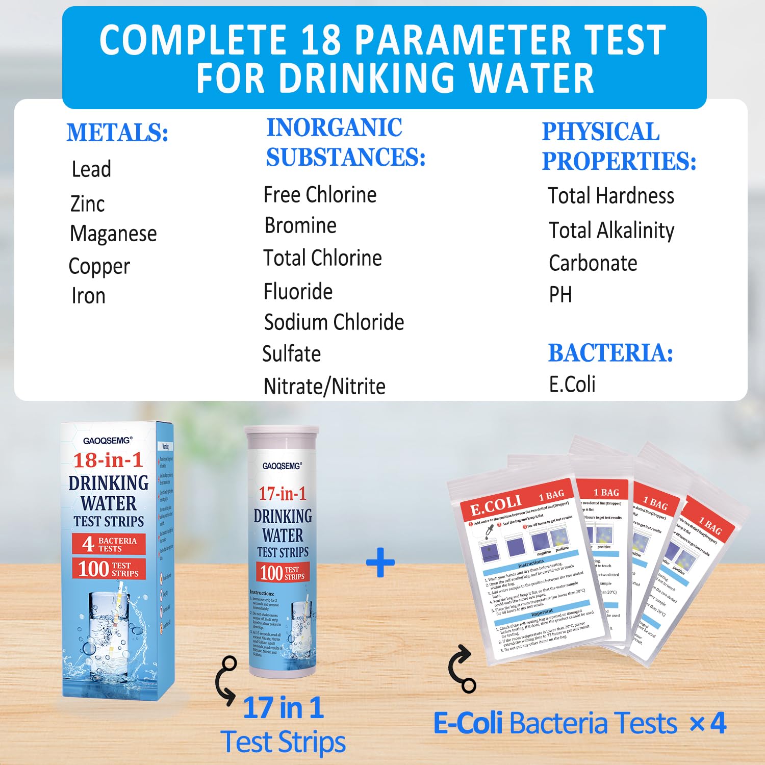 18 in 1 Water Testing Kit for Drinking Water,Well Home Tap Water Test Kit Drinking Water Test Strips for Hardness,Lead,Chlorine,Fluoride,Nitrate,pH,Iron,Copper,Cyanuric Acid,100 Strips