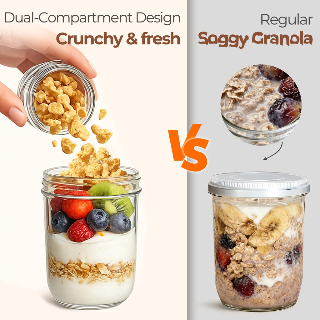 ComSaf Overnight Oats jars with Lids （16oz+4oz 4Pcs）, Dual-Laryer Chia Pudding Jars with Dry and Wet Separation, Yogurt Parfait Contianer for Oatmeal Cereal Nut Fruit, Meal Prep Glass Jars for Salad