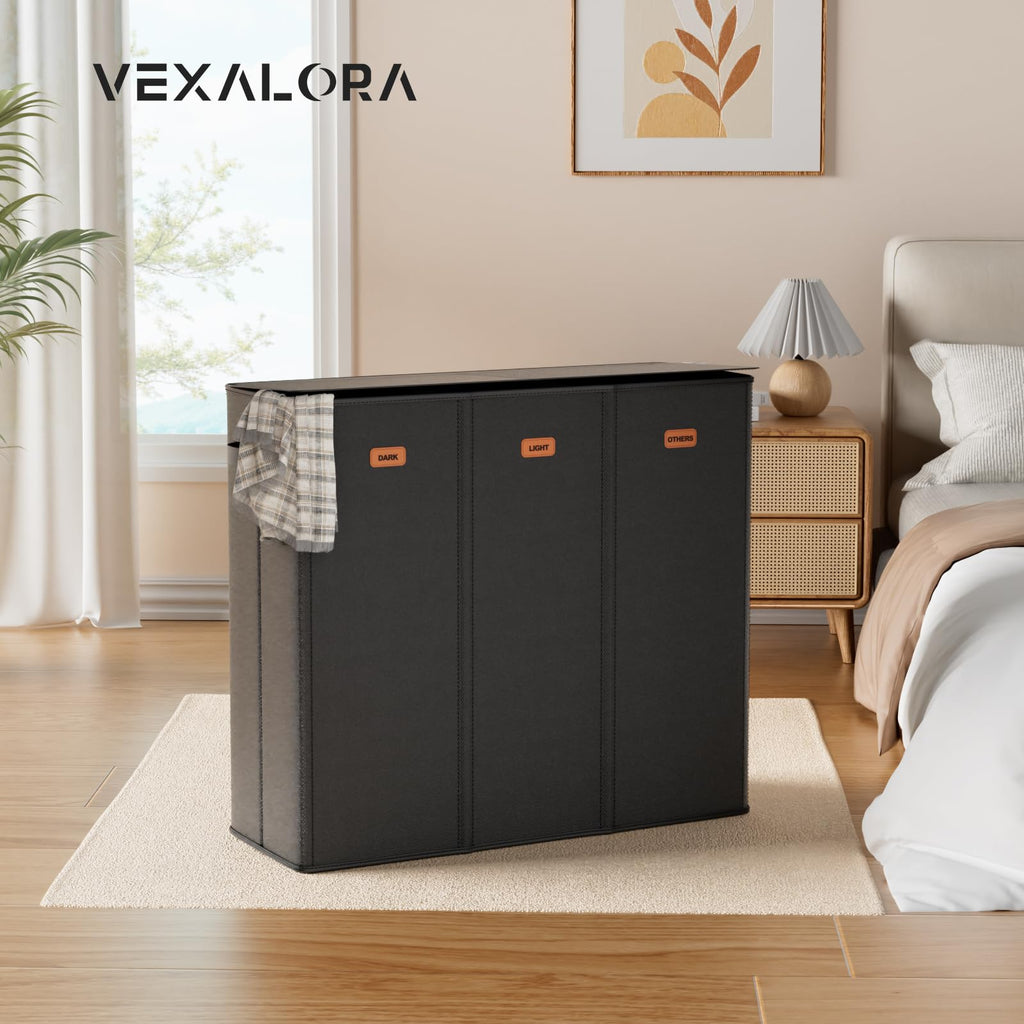 Vexalora 185L Laundry Hamper 3 Section, Laundry Hamper with Lid, Dirty Clothes Hamper with 3 Removable Washing Bags, Extra Large Laundry Basket Organizer for Bedroom, Laundry Room, Dorm - Black