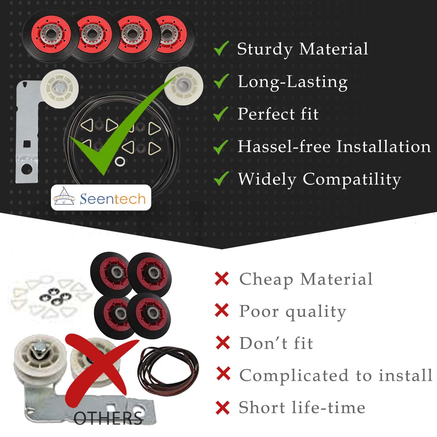 UPGRADED 4392067 Dryer Repair Kit & W10837240 Dryer Idler by Seentech, Includes WPW10314173 Drum Rollermm,661570V Belt, 279640 Idler Pulley – Replaces 2015 4392067VP 80047 587637