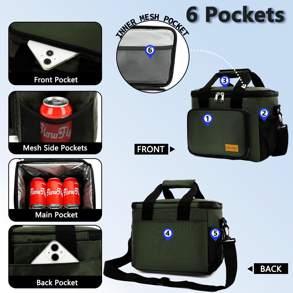 FlowFly Insulated Lunch Bag Adult Lunch Box Large Cooler Tote Bag with Top Handle for Men, Women, with Adjustable Strap,Front Pocket and Dual Large Mesh Side Pockets, ArmyGreen