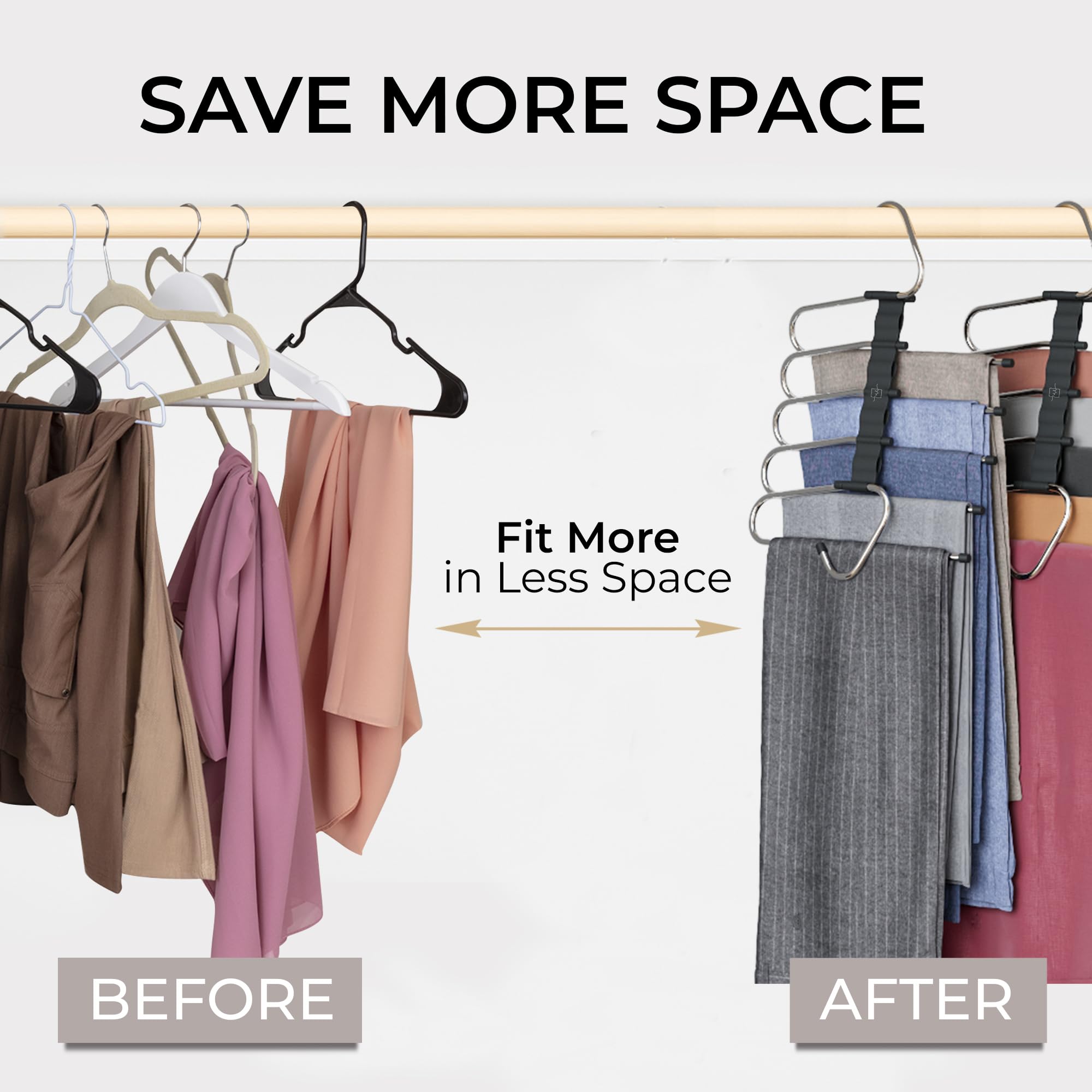 MORALVE Pants Hangers Space Saving - 4 Pack - Non-Slip Multi-Layer Space Saving Hangers - Multifunctional Clothing Rack for Closet Storage - Ideal for Jeans, Trousers, Skirts, Scarves & Slacks (Black)