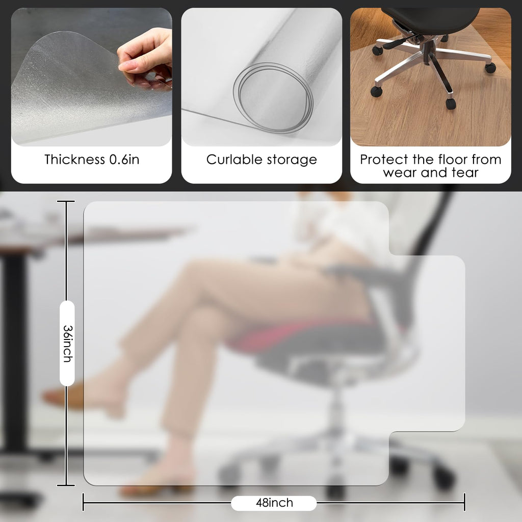 Clear PVC Office Chair Mat - Stronger & Durable Desk Chair Mat for Hardwood Floor, Non-Slip Floor Protector for Office Chair Casters(Clear for Hardwood, 36X47IN with Lip)