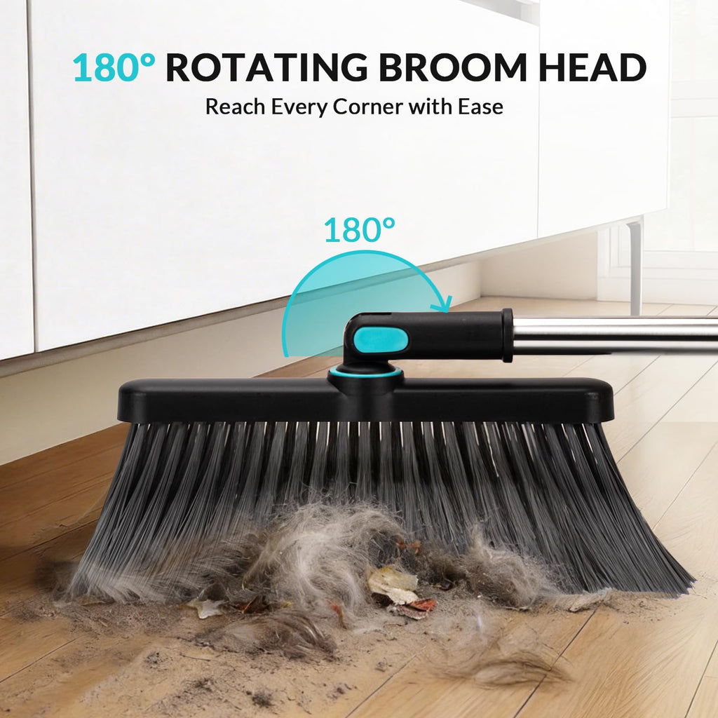 Broom and Dust Pan 61” Long Handle Broom and Dustpan Set with 180° Rotatable Broom Head for Home Office Kitchen Lobby Cleaning Upright Standing Broom and Dustpan