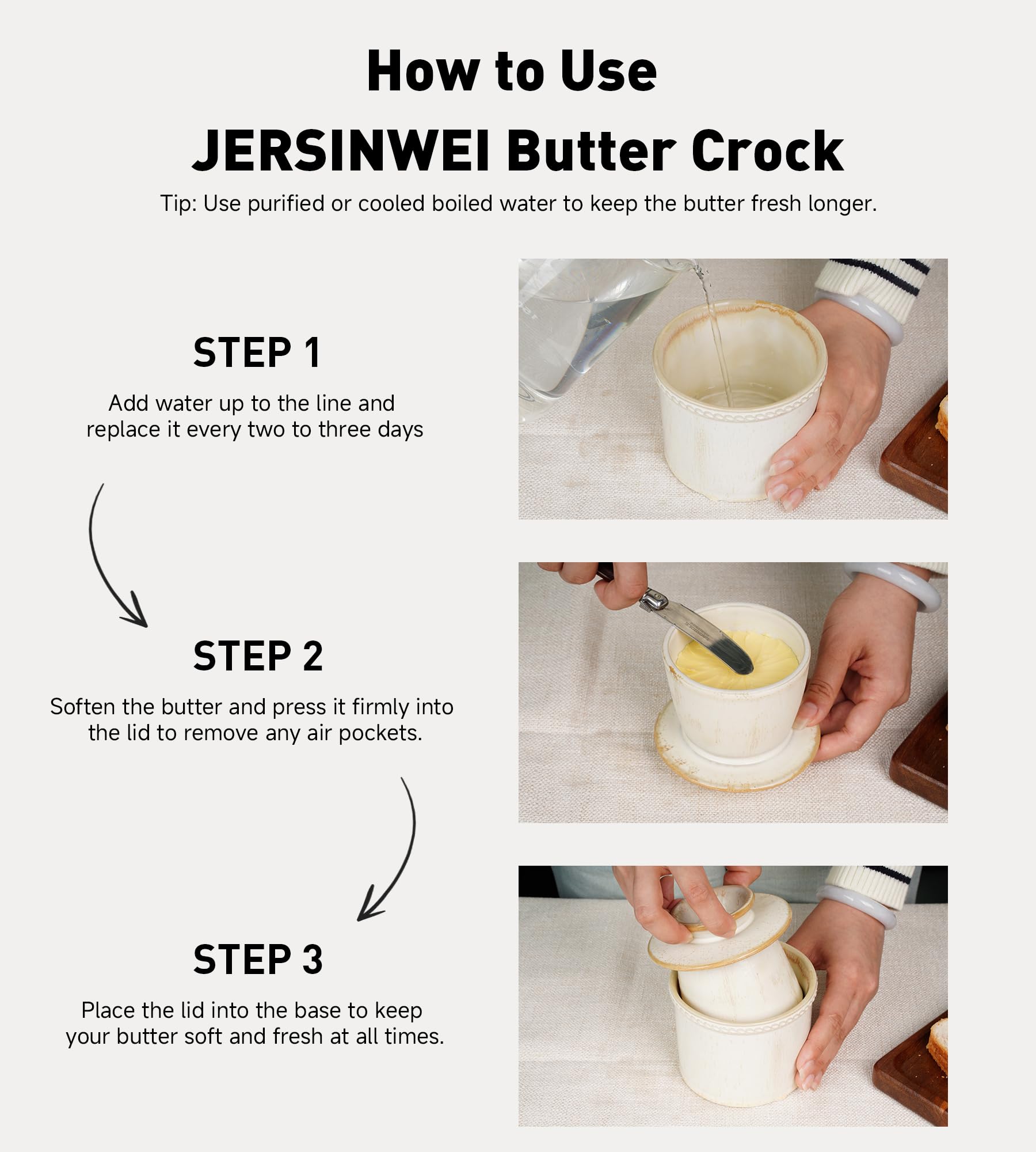 Jersinwei Butter Crock with Lid, Ceramic Butter Crock for Spreadable Soft Butter, Vintage Chain-Rim Design, French Butter Keeper for Home Decor Christmas Housewarming Gift, Cream Vein White