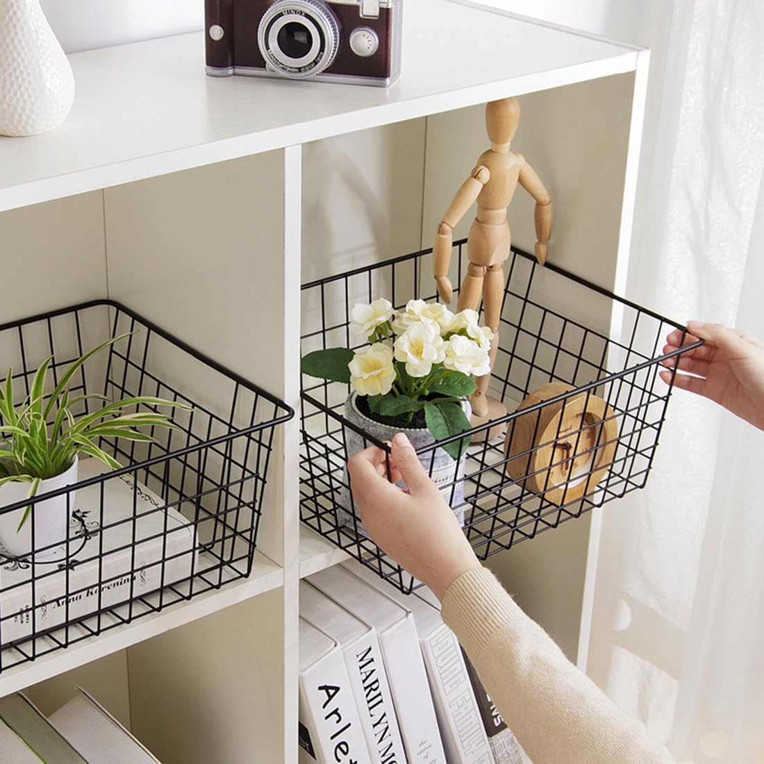 Aeggplant Kitchen Wire Baskets Farmhouse Decor Metal Food Storage Organizer,Household Refrigerator Bin with Built-in Handles for Cabinets,Pantry,Bathroom,Black