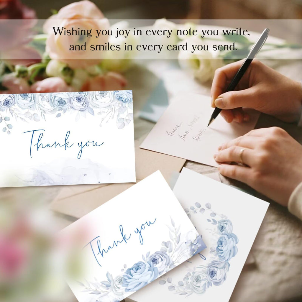 Oaken Leaford 48 Pack Pre-Folded Floral Thank You Cards with Envelopes & Stickers, 6 Elegant Flower Designs for Wedding, Baby Shower, Teacher Gifts(Blue Floral)
