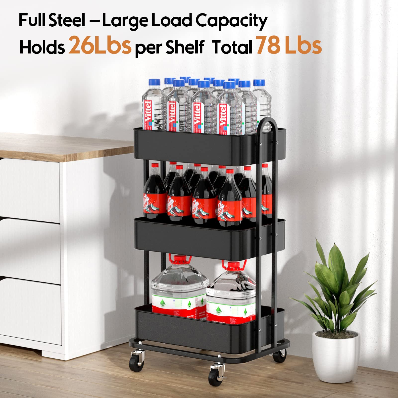 Ceayell 3-Tier Full Metal Utility Rolling Cart for Storage Organizer Cart for Office, Bathroom, Kitchen (Black)