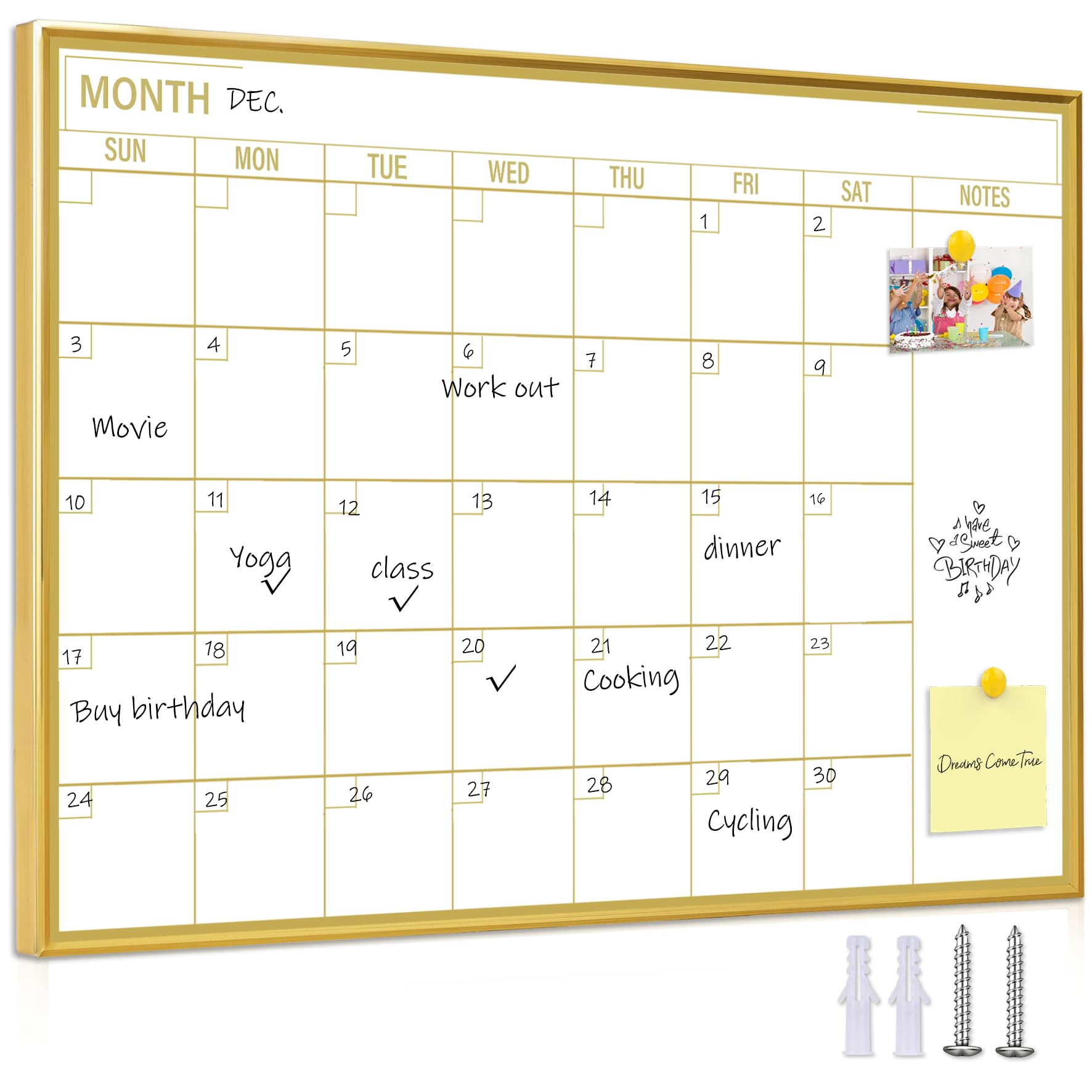 Marribol Golden Monthly Dry Erase Calendar Whiteboard for wall-40x30cm Portable Aluminum Frame,Magnetic Calendar White Board,Wall Planner Dry Erase Board for Office, Kitchen, School, Home-GG-CA