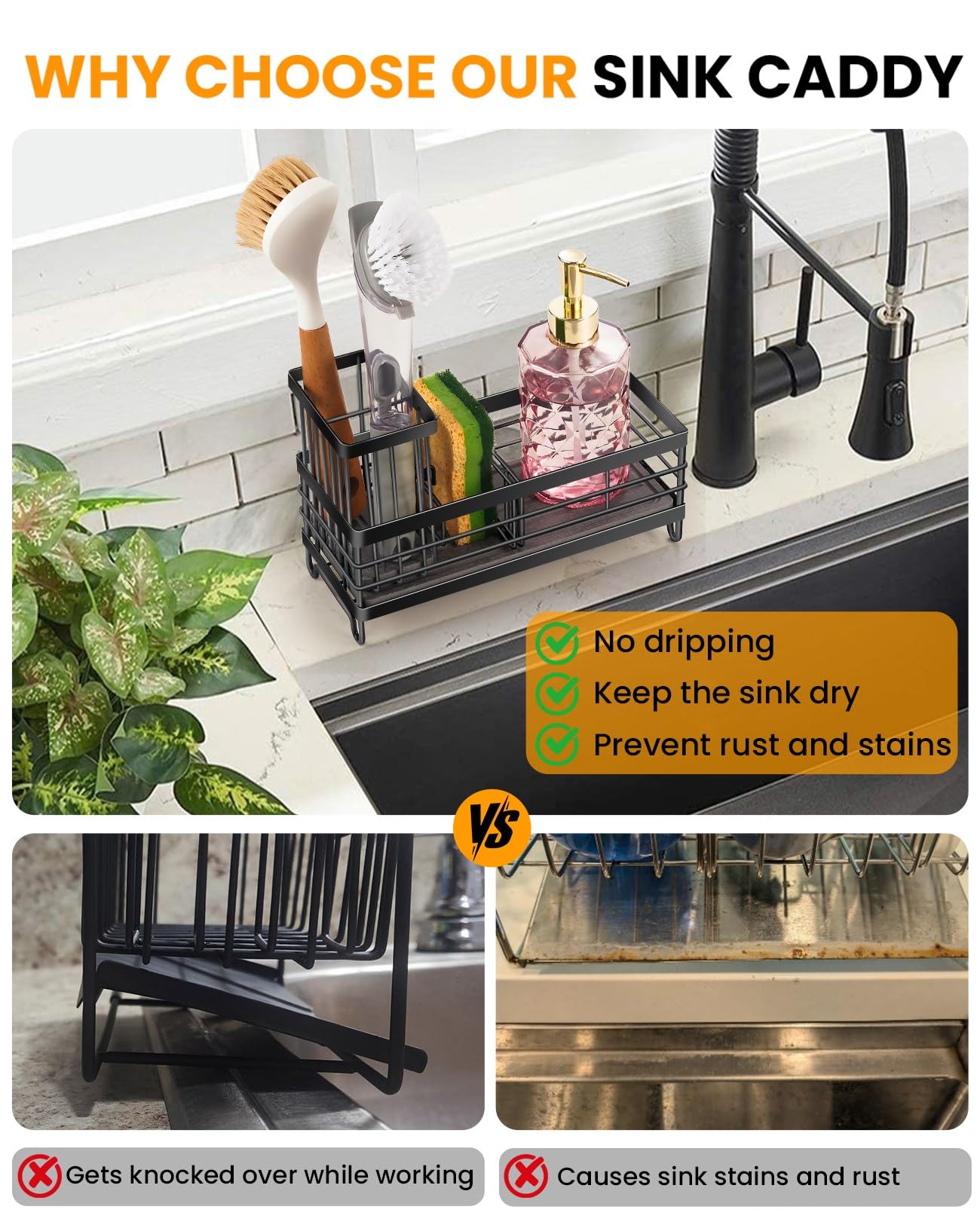 ARTLEO Kitchen Sink Caddy with Water Absorbent Diatomite Stone Sink Tray, Fast Drying Sink Organizer with High Dish Brush Holder Sponge Holder for Kitchen Sink, Stainless Steel