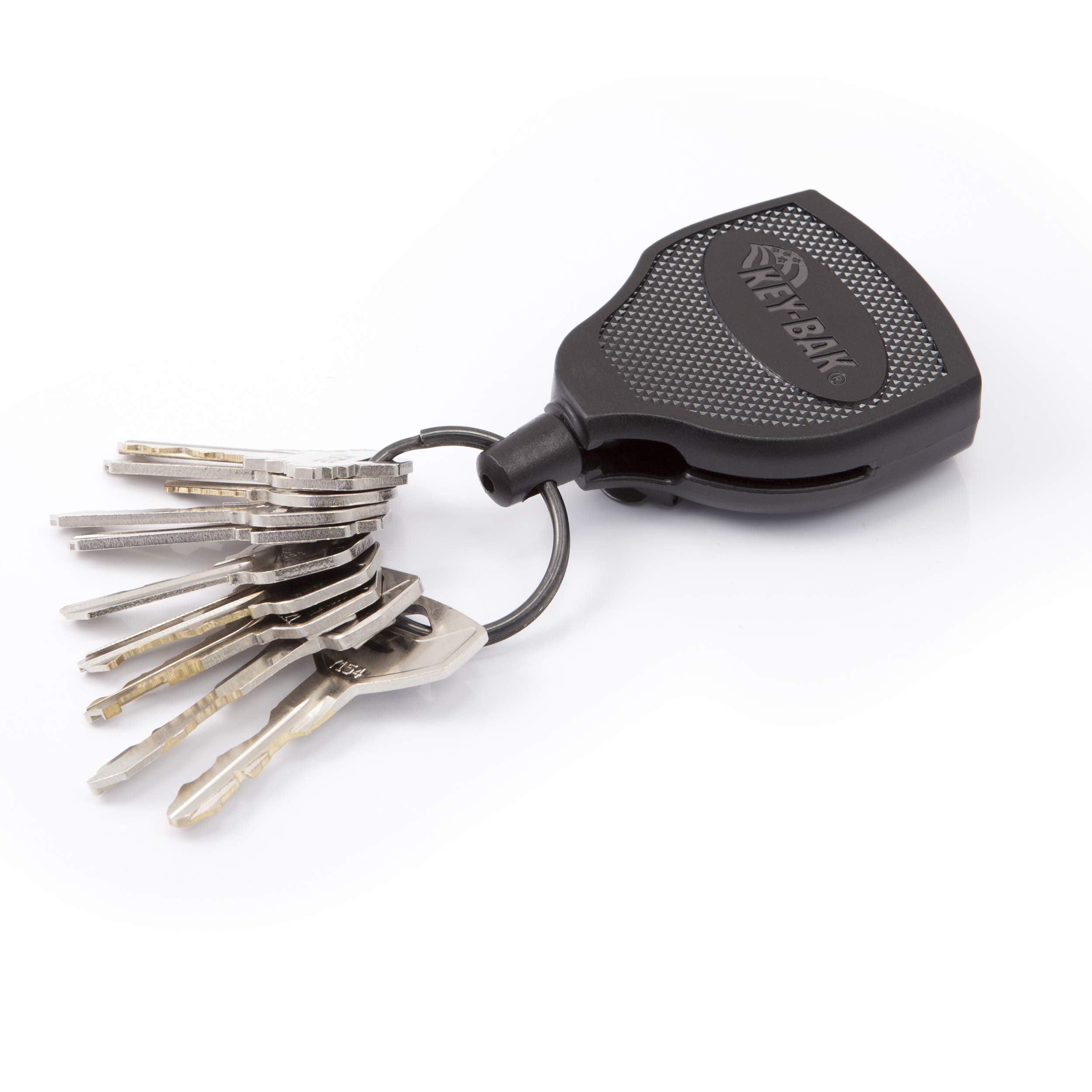 Key-BAK SUPER48 HD 8oz. Locking Retractable Keychain, 48" Retractable Cord, Black Polycarbonate Case, Leather Duty Belt Loop, Oversized Split Ring - Made in USA