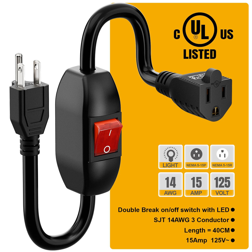 Inline On/Off Switch Extension Cord, 3-Prong Household Switchable Power Cord, Heavy Duty 23A 125V,16A 250V Double Break Switch Extension Cable, 40CM Cords